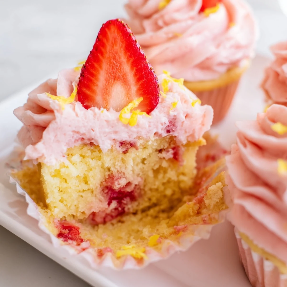 Fresh strawberry lemonade cupcakes with zesty lemon flavor and creamy pink frosting garnished with lemon zest