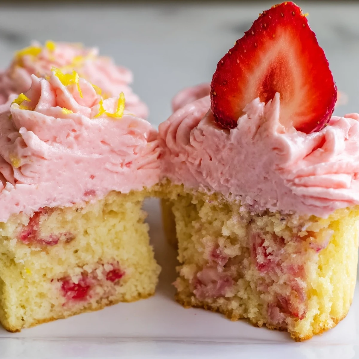 Golden strawberry lemonade cupcakes topped with swirls of pink strawberry buttercream frosting on a white plate