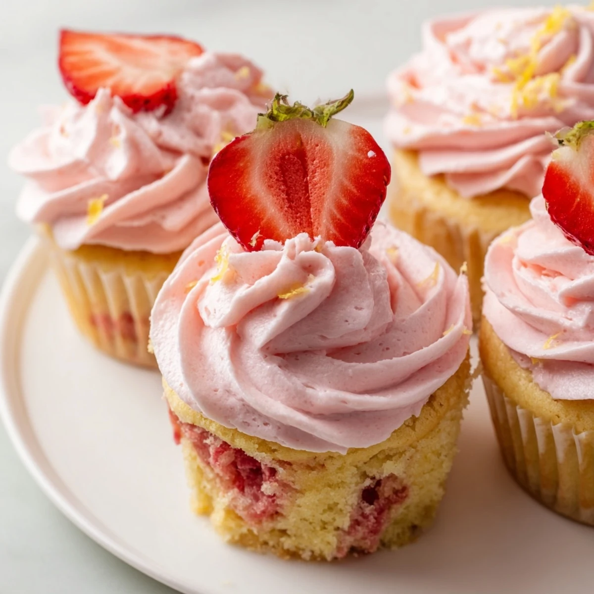 Moist strawberry lemonade cupcakes piped with fluffy strawberry buttercream and finished with fresh strawberry slices