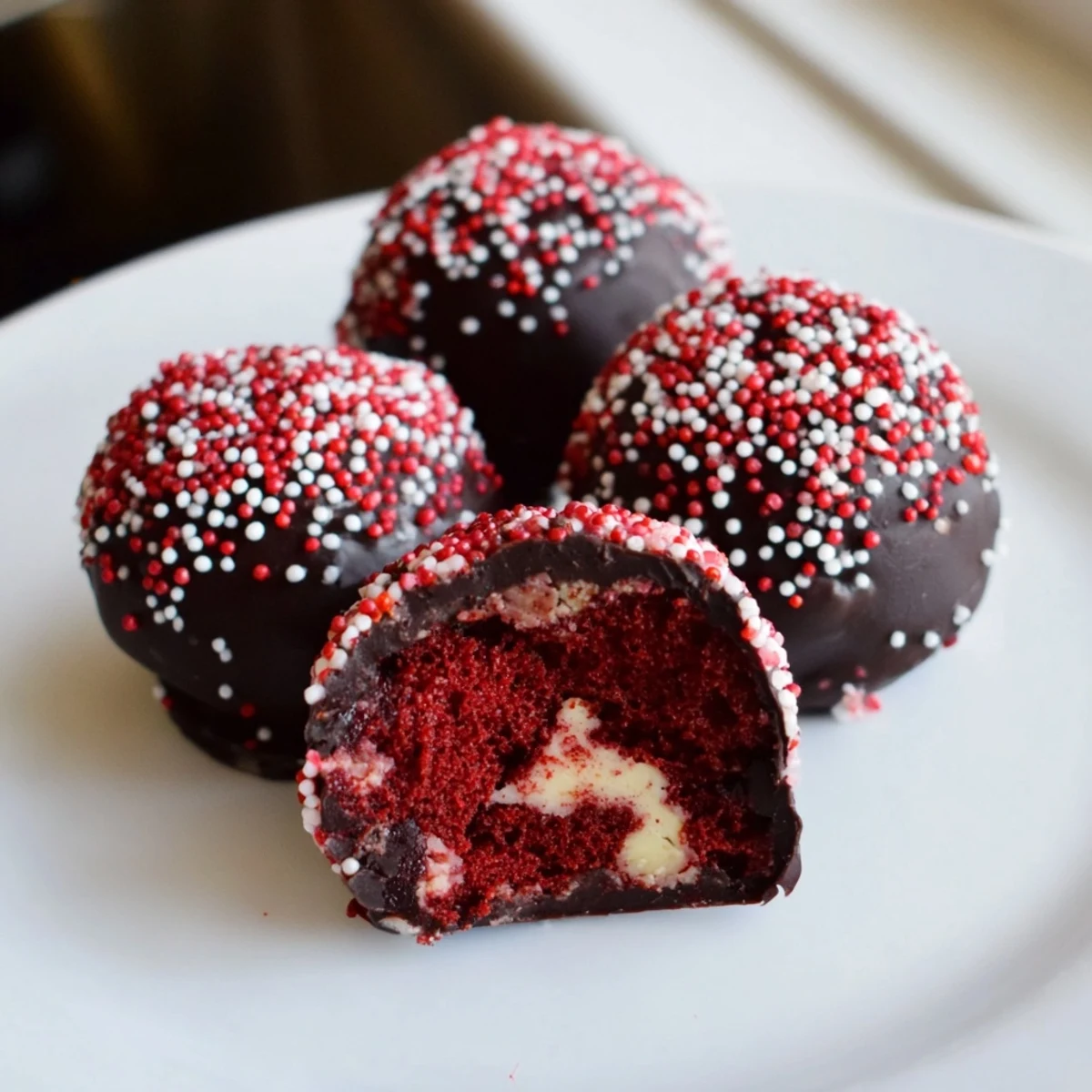 Decadent red velvet cheesecake balls on a white plate featuring rich chocolate coating and creamy center