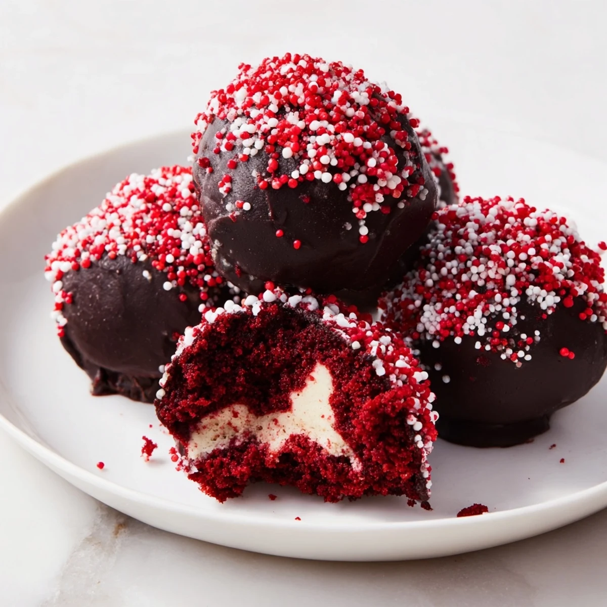Bite-sized red velvet cheesecake balls coated in glossy dark chocolate with colorful sprinkles on top