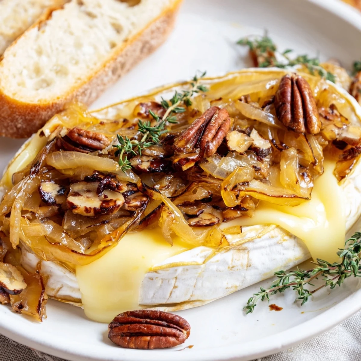 Golden wheel of baked brie oozing gently topped with sweet caramelized onions and toasted pecans