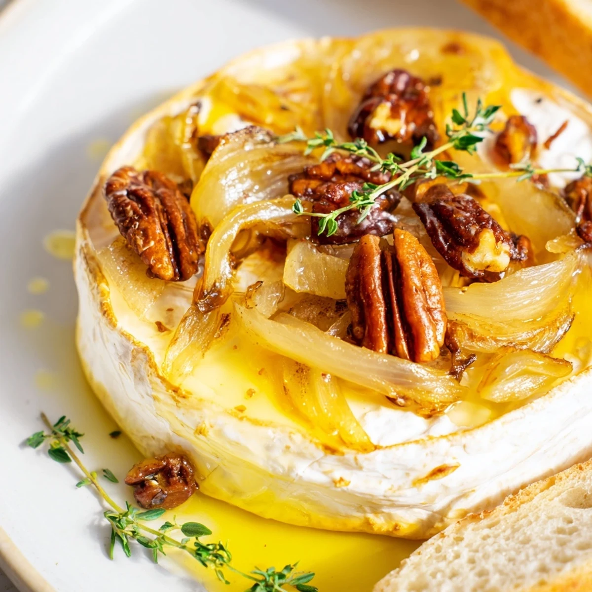 Warm baked brie with caramelized onions and pecans served on wooden board with crusty baguette slices