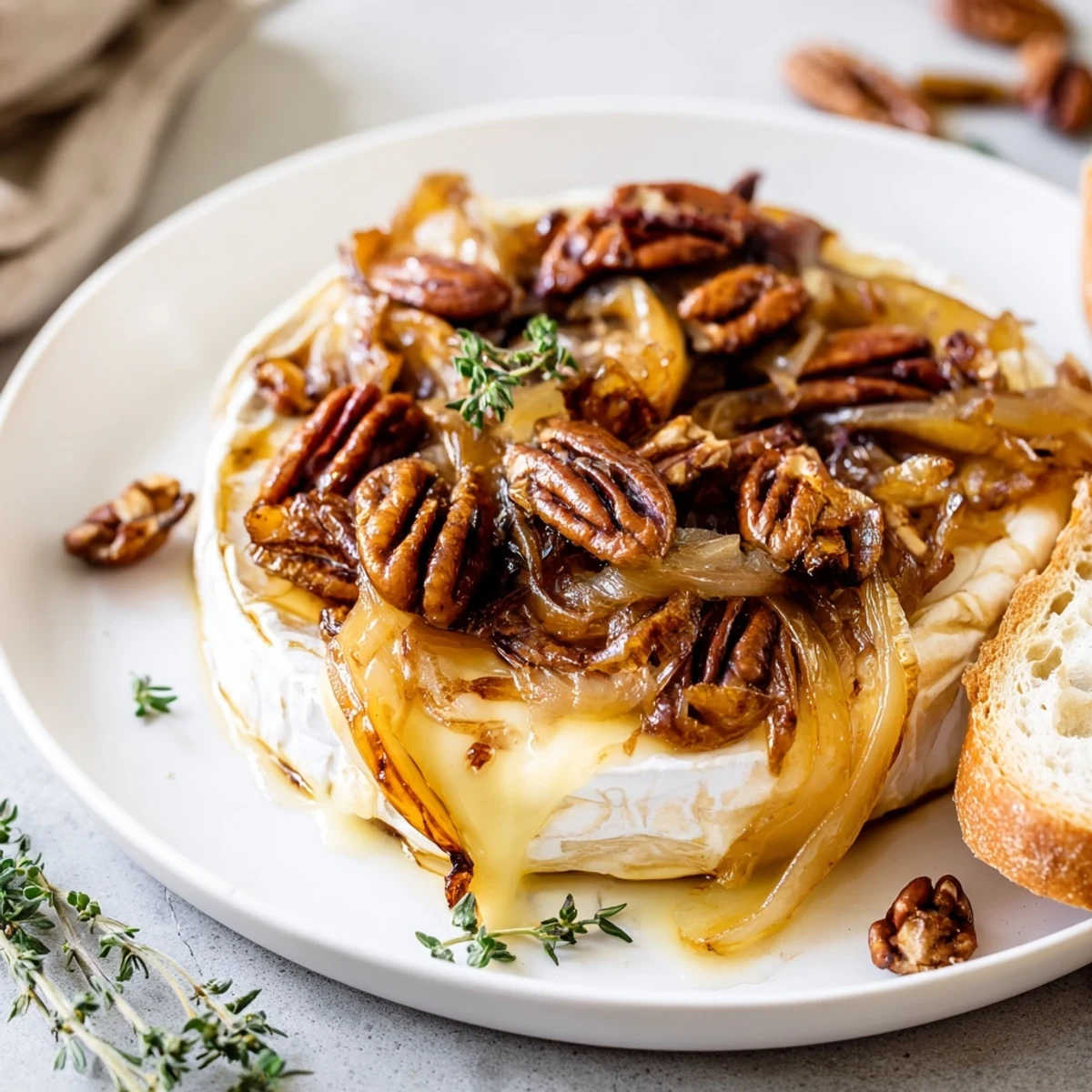 Creamy baked brie topped with richly caramelized onions and crunchy pecan halves ready for dipping
