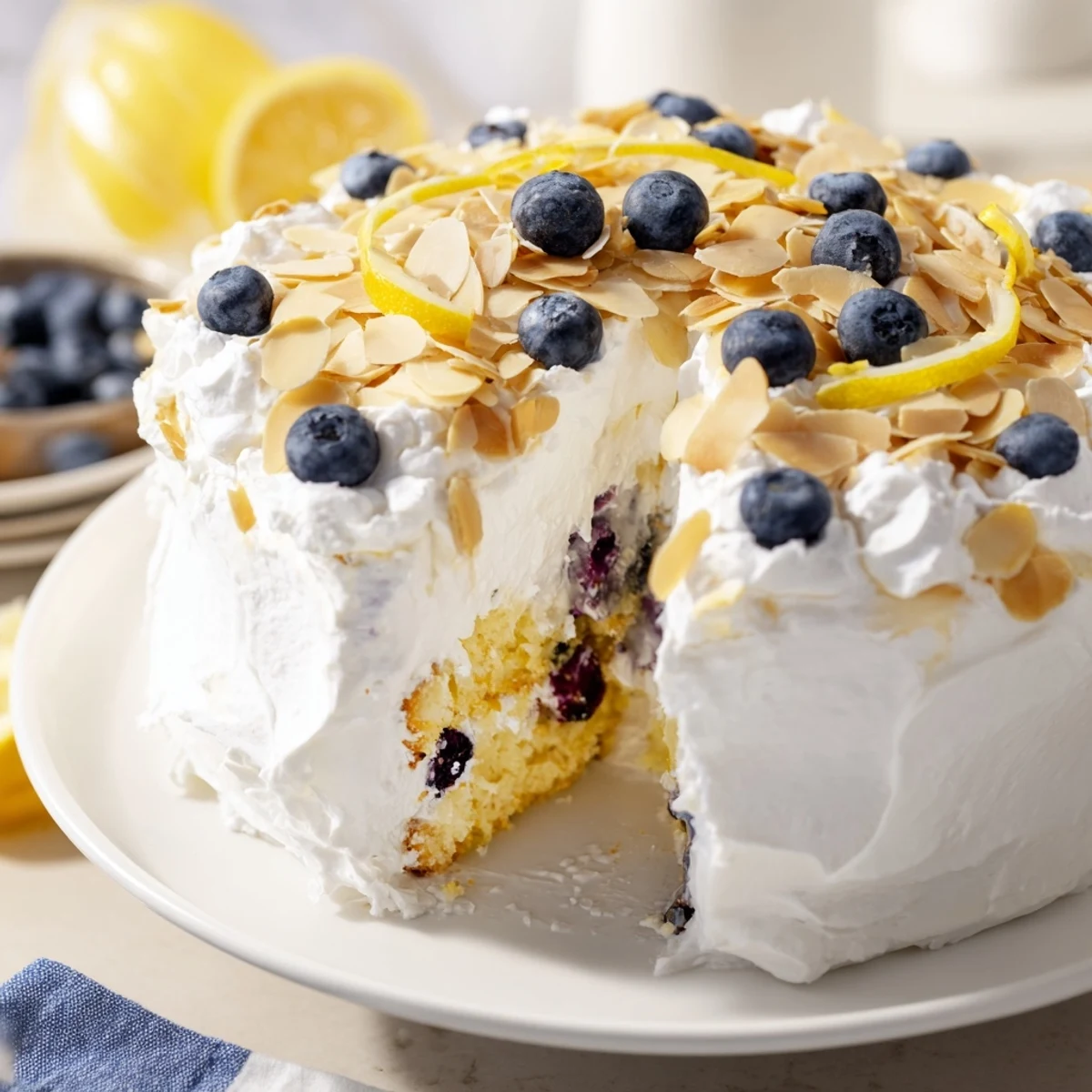 Golden lemon blueberry poke cake with whipped cream topping and toasted almond crunch on a white plate
