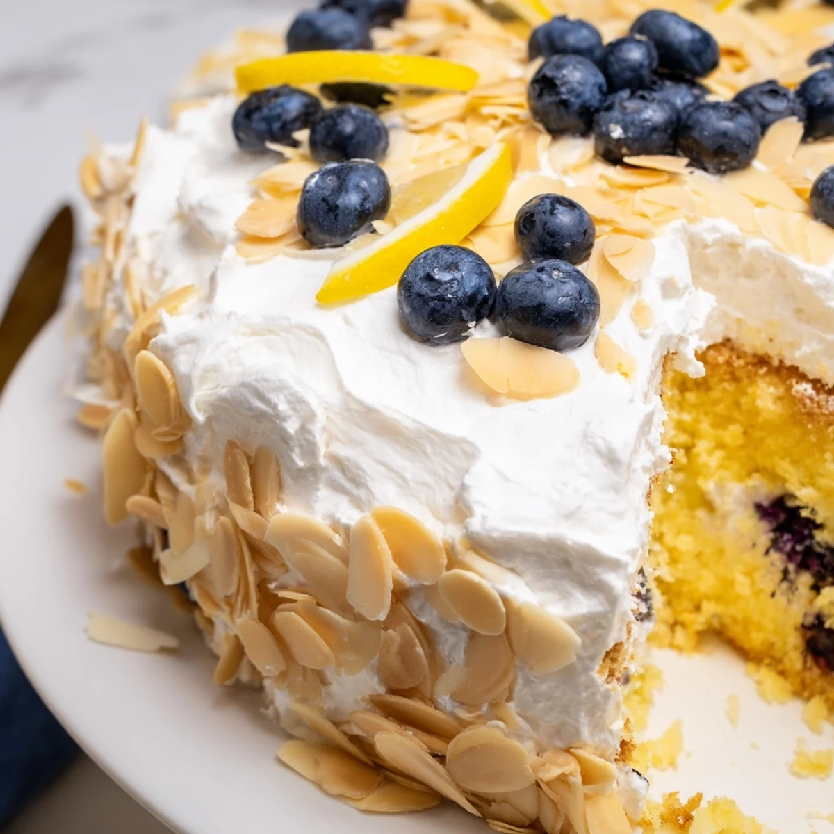 Moist lemon blueberry poke cake drizzled with syrup and topped with fluffy whipped cream and crunchy almonds