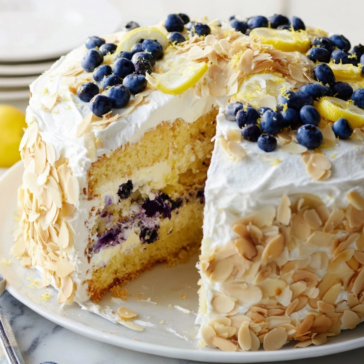 Slice of lemon blueberry poke cake showing blueberry pockets and almond garnish on a dessert platter