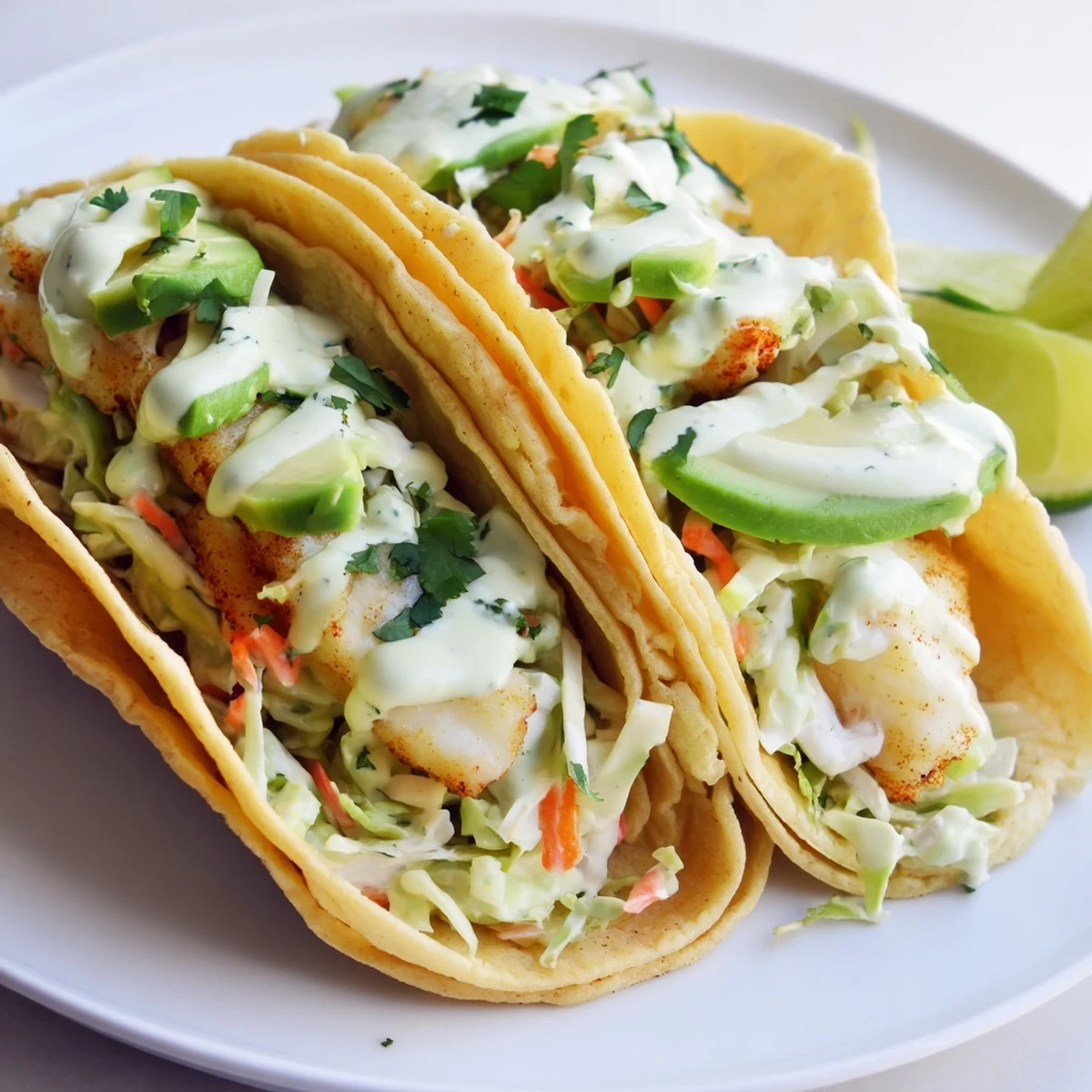 Golden baked cod fish tacos topped with colorful cabbage slaw and drizzled with tangy lime crema