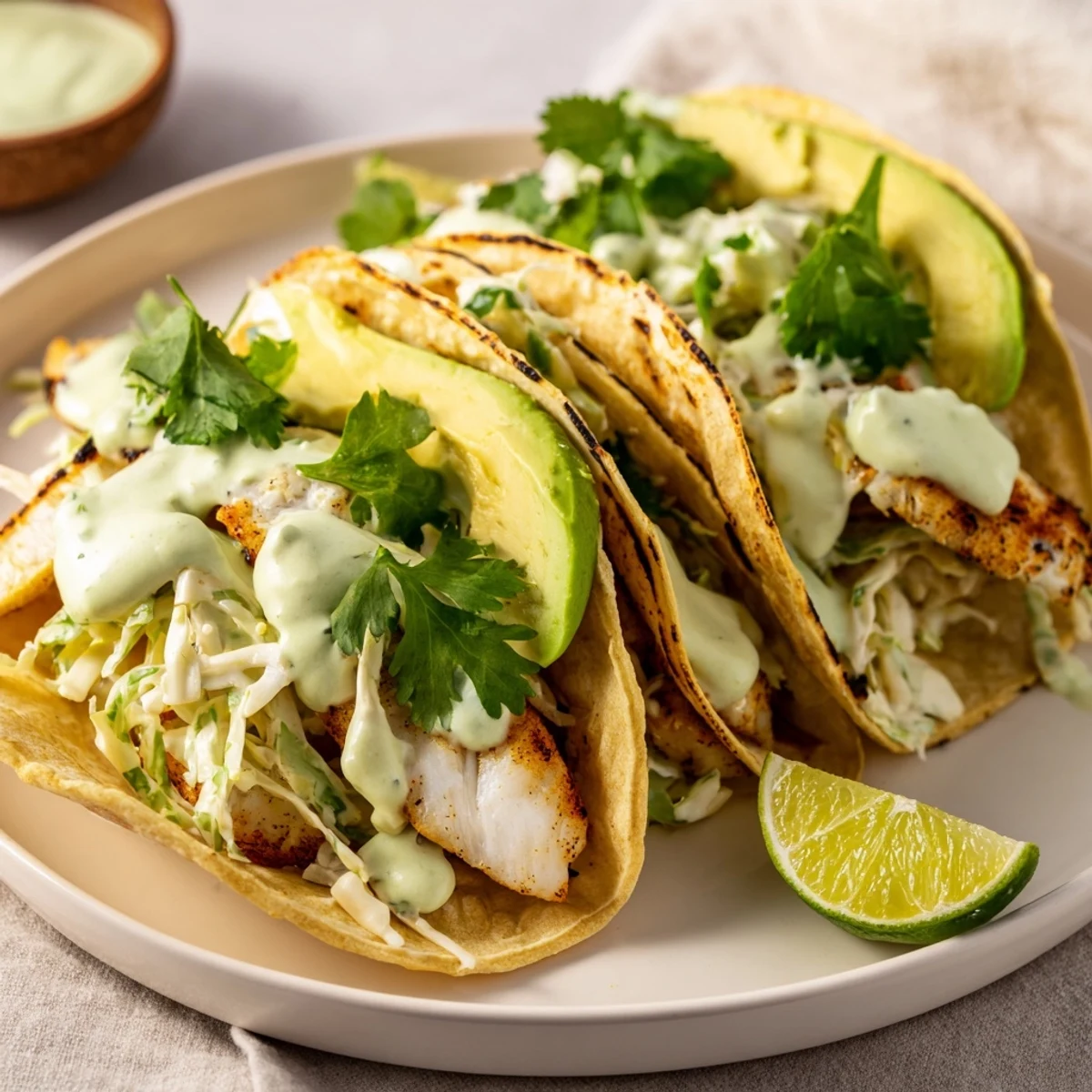 Flaky baked cod fish tacos nestled in warm tortillas with fresh avocado slices and zesty crema garnish
