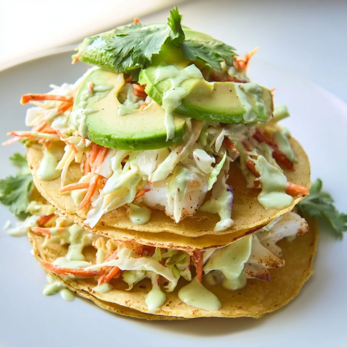 Light and healthy baked cod fish tacos piled high with crunchy slaw and creamy lime dressing