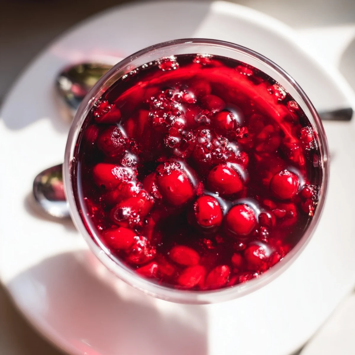Homemade cranberry syrup drizzled over fluffy pancakes with fresh cranberry garnish