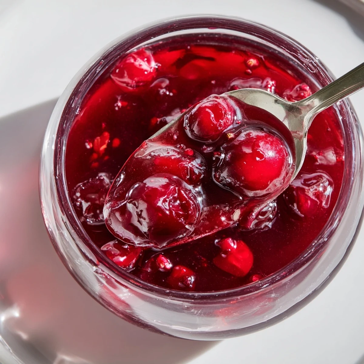 Glass jar of ruby red cranberry syrup poured over ice for cocktails