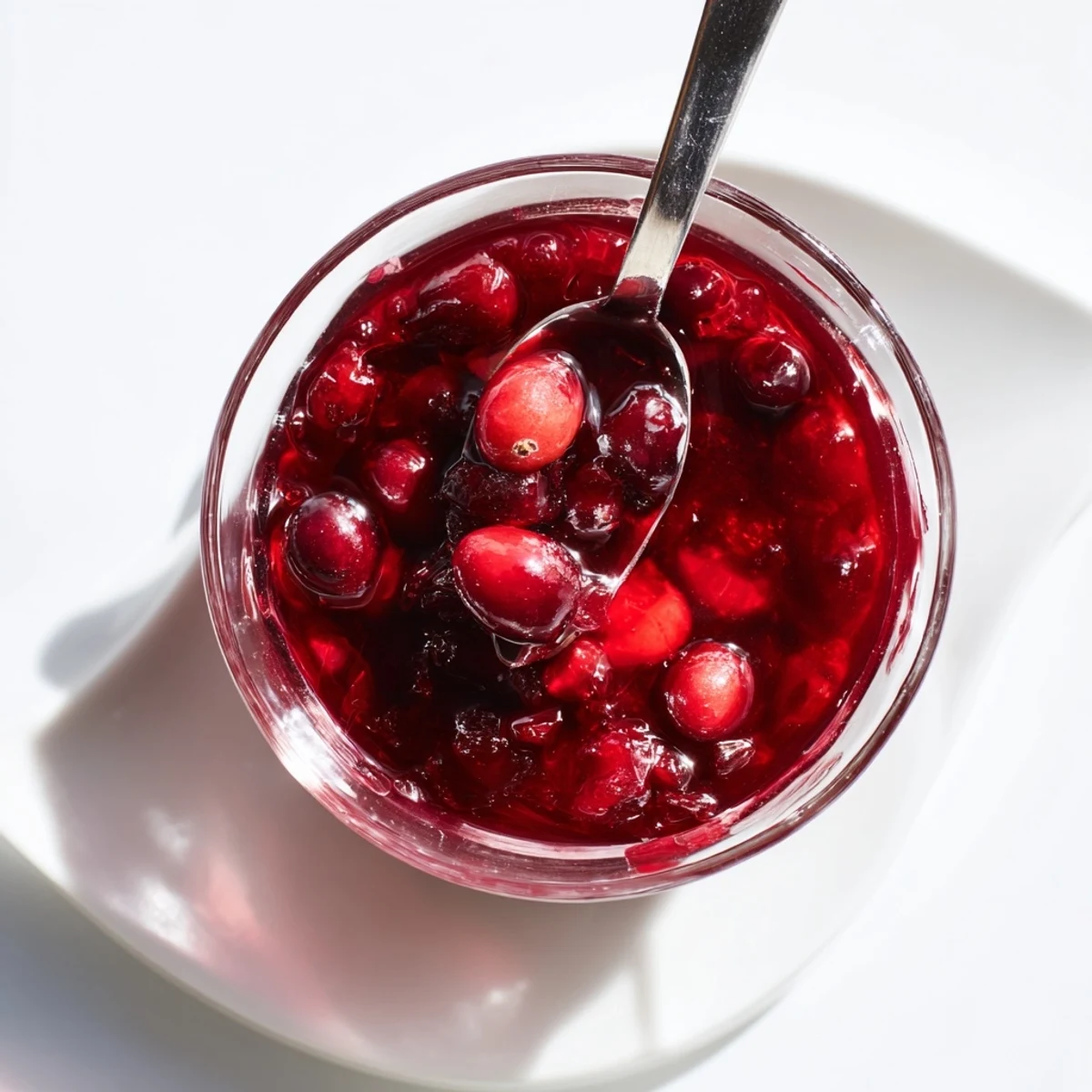 Thick tangy cranberry syrup simmering in saucepan with burst berries visible