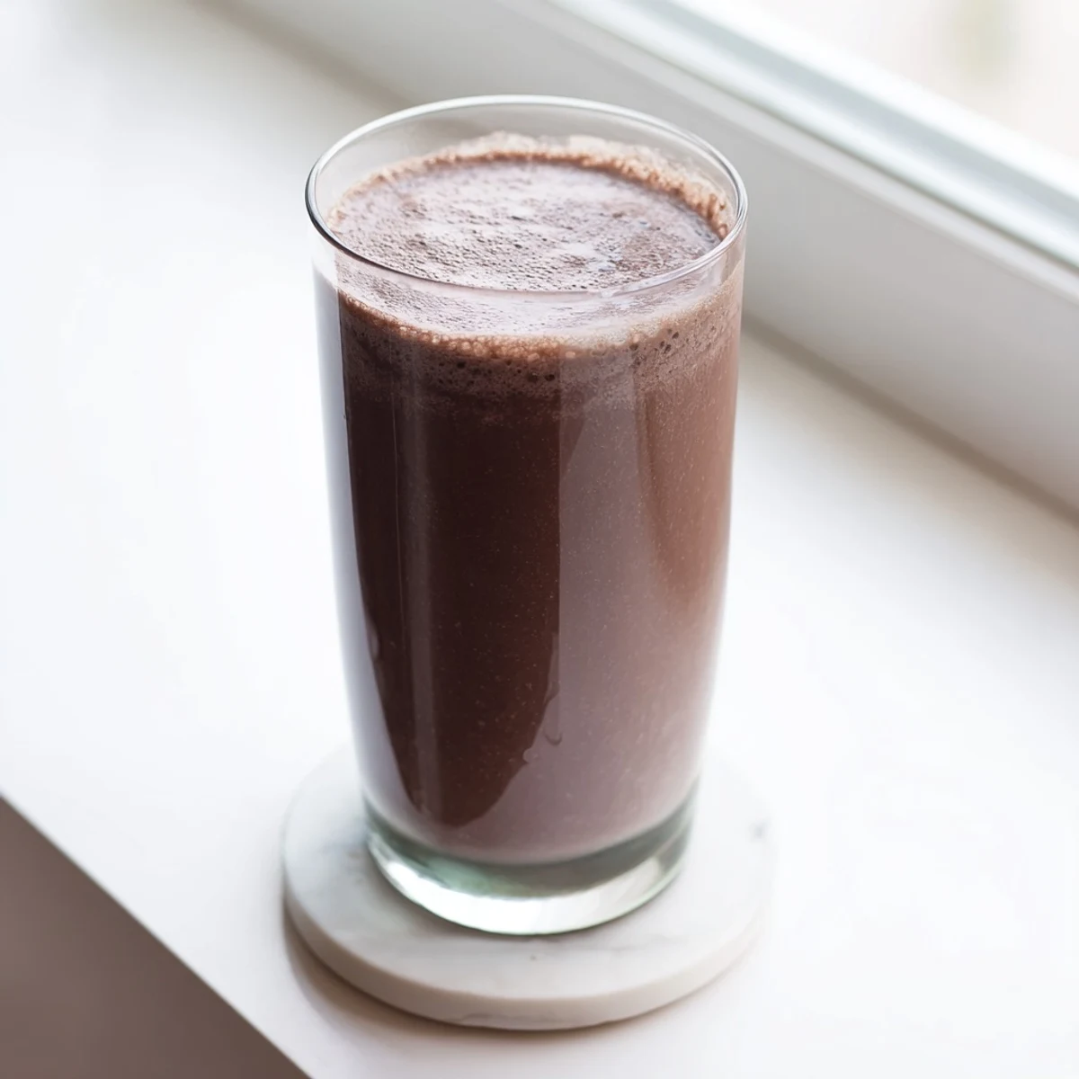 Thick creamy raw chocolate banana shake poured into glasses with frothy brown topping
