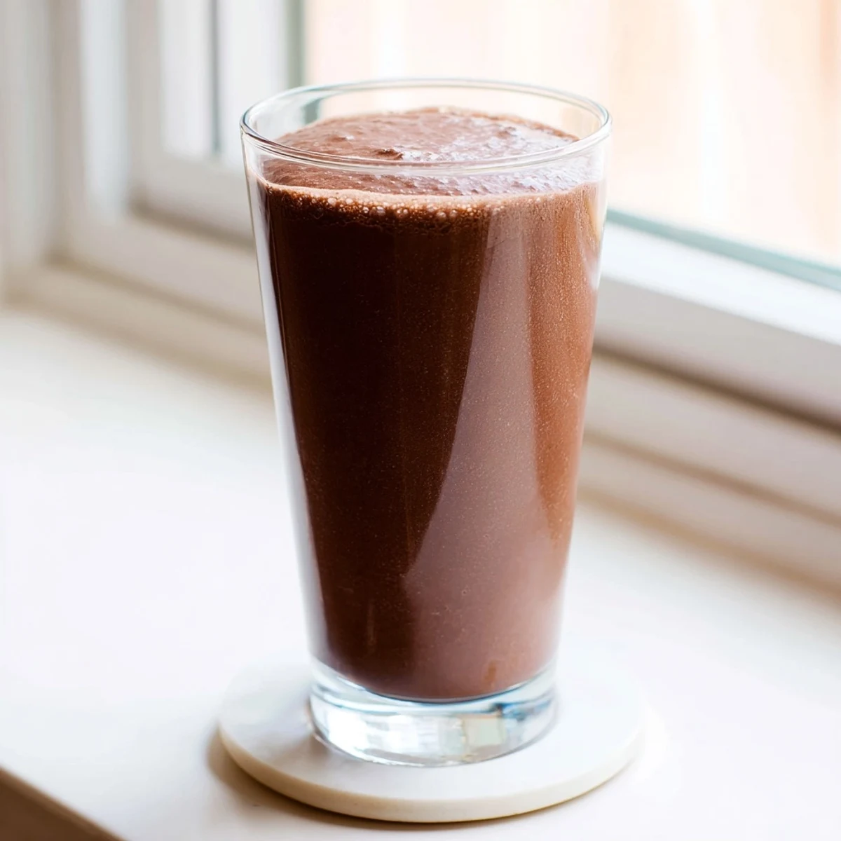 Vegan raw chocolate banana shake blended with frozen bananas and rich raw cacao powder