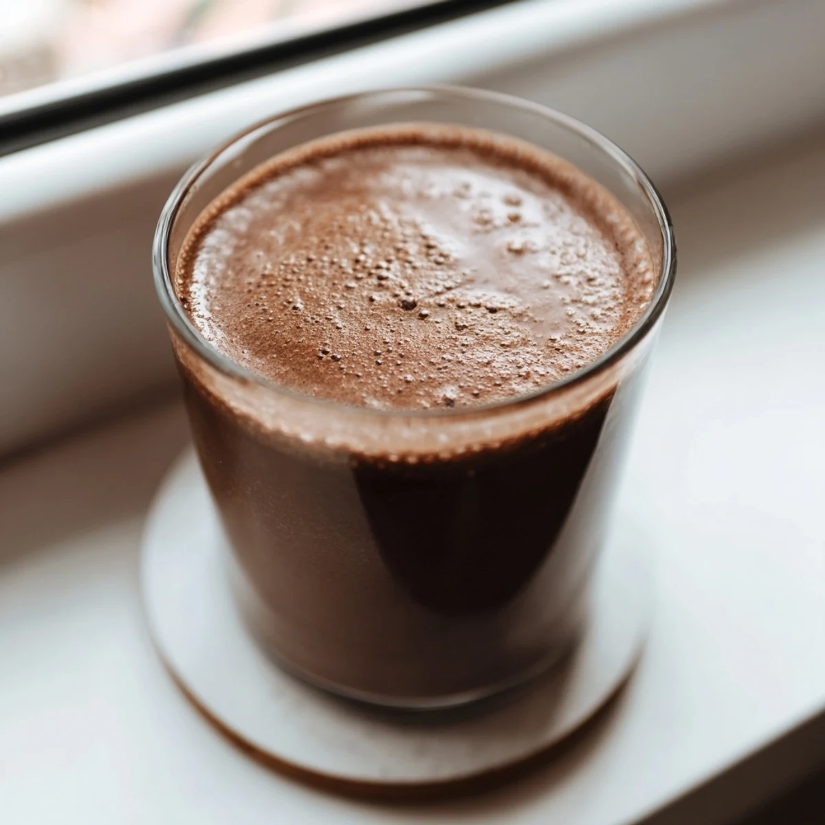 Garnished raw chocolate banana shake in clear glasses showing smooth dairy-free chocolate texture