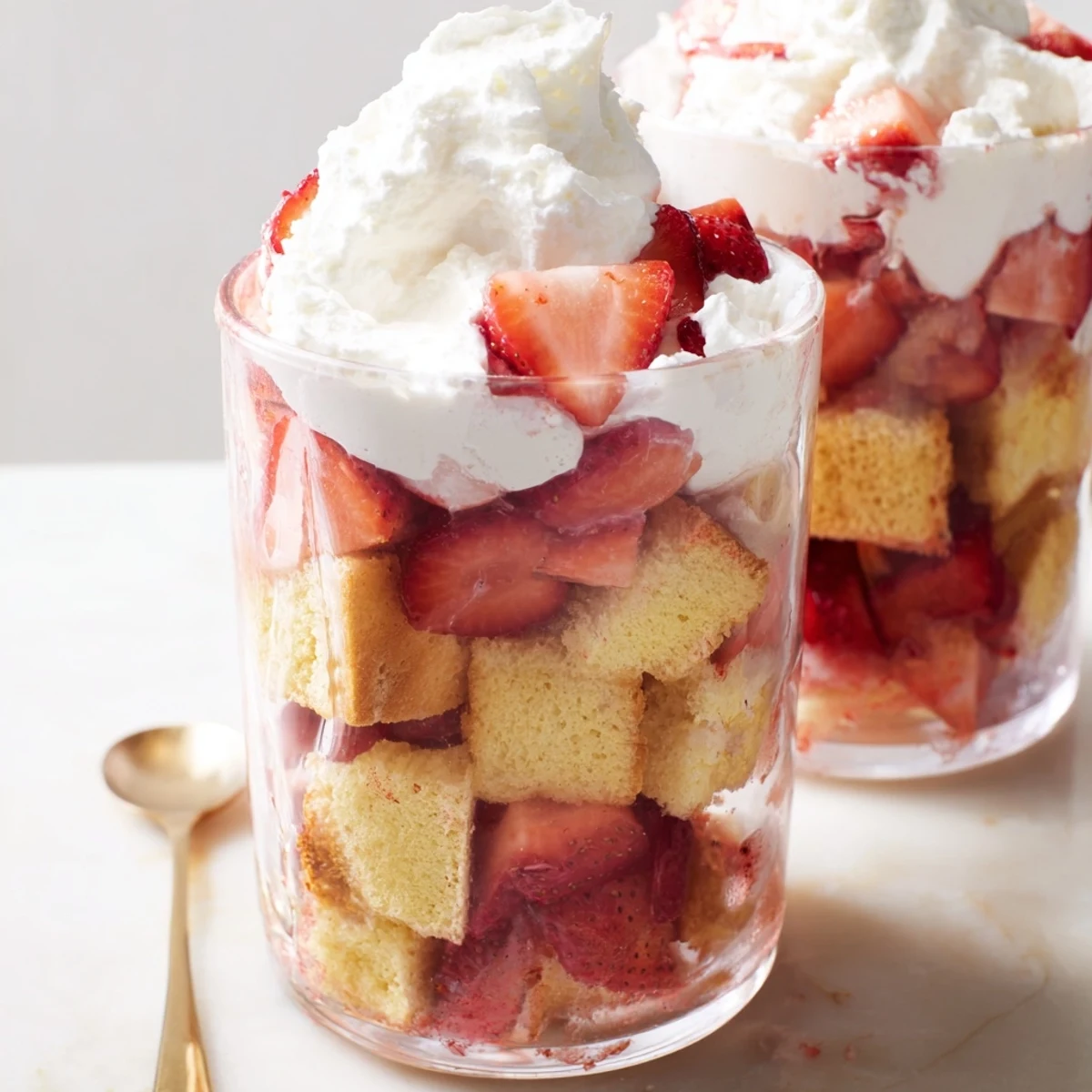Layered strawberry shortcake trifle with golden cake cubes, juicy red berries, and fluffy whipped cream in clear glass