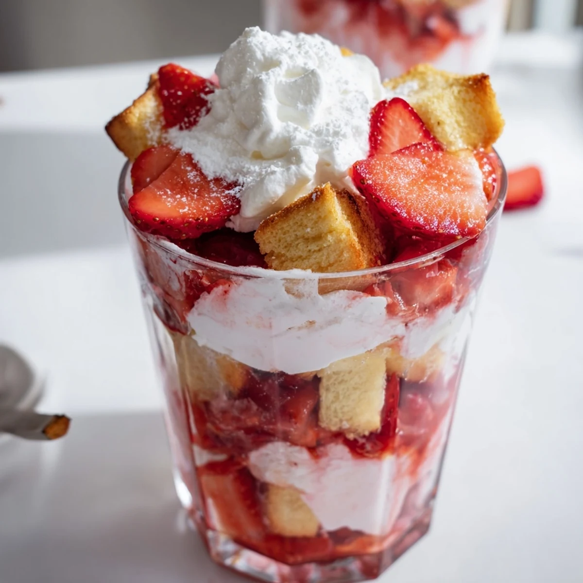 Individual strawberry shortcake trifle dessert showing fresh macerated strawberries alternating with tender vanilla cake and billowy white cream