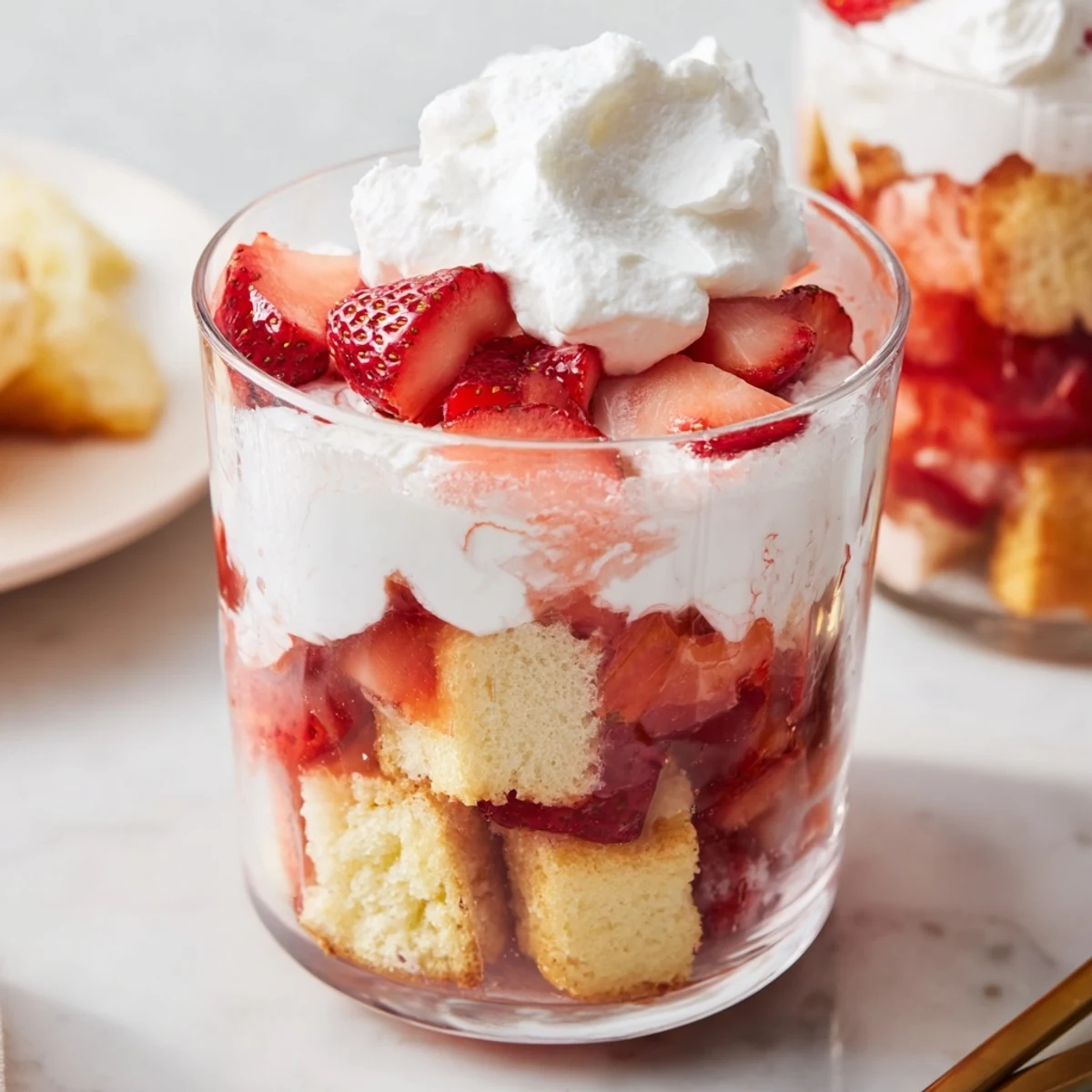 Elegant strawberry shortcake trifle served in glass with ripe strawberry slices, sweet cream, and buttery shortcake layers visible