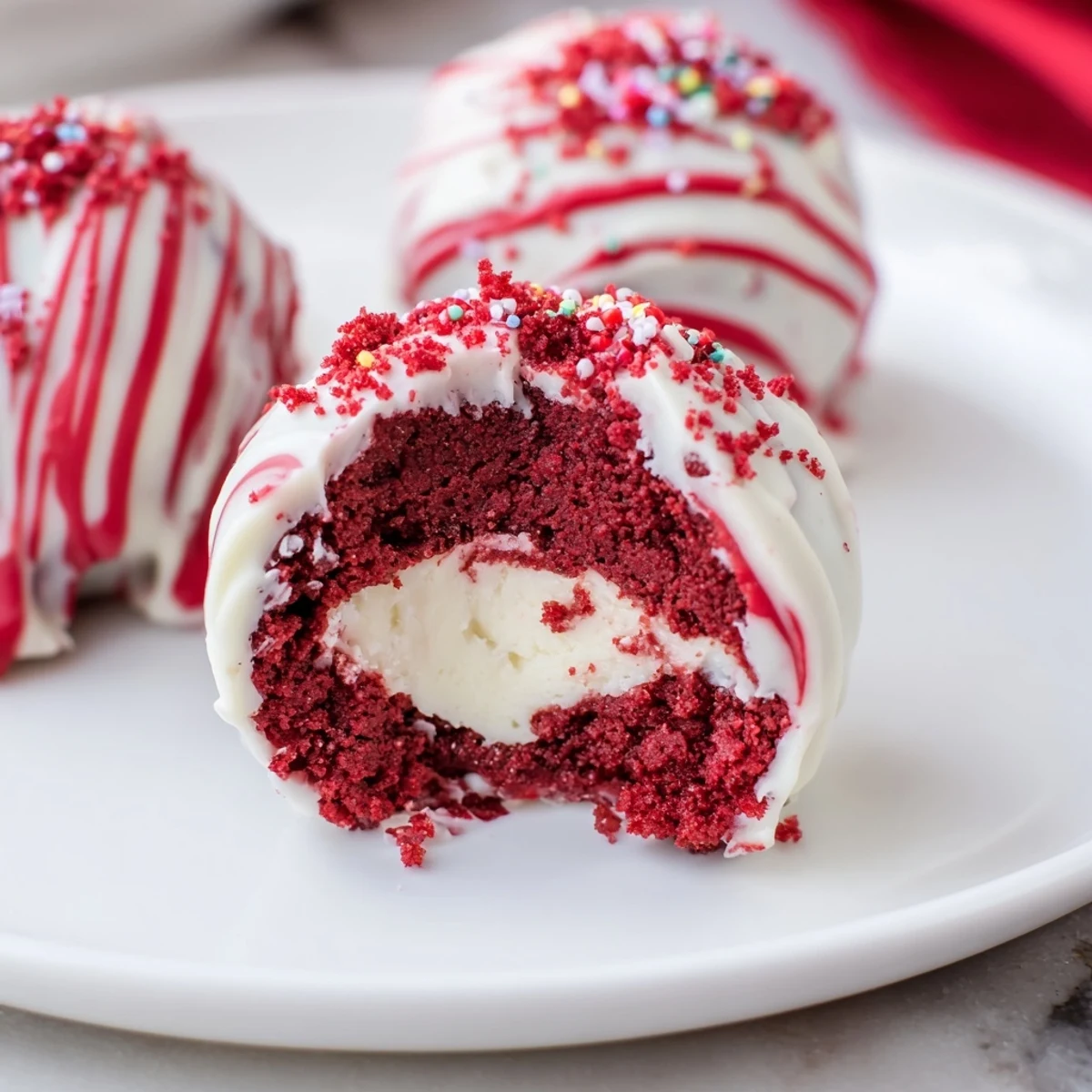 Red Velvet Cheesecake Balls arranged on parchment, glossy chocolate coating and crumbs.  