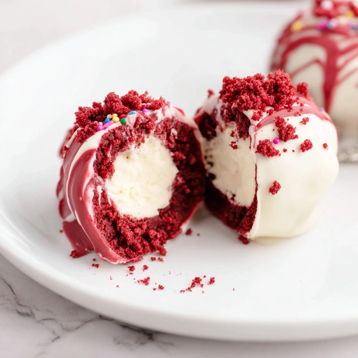 Handheld Red Velvet Cheesecake Balls with creamy center, sprinkled red crumbs.  