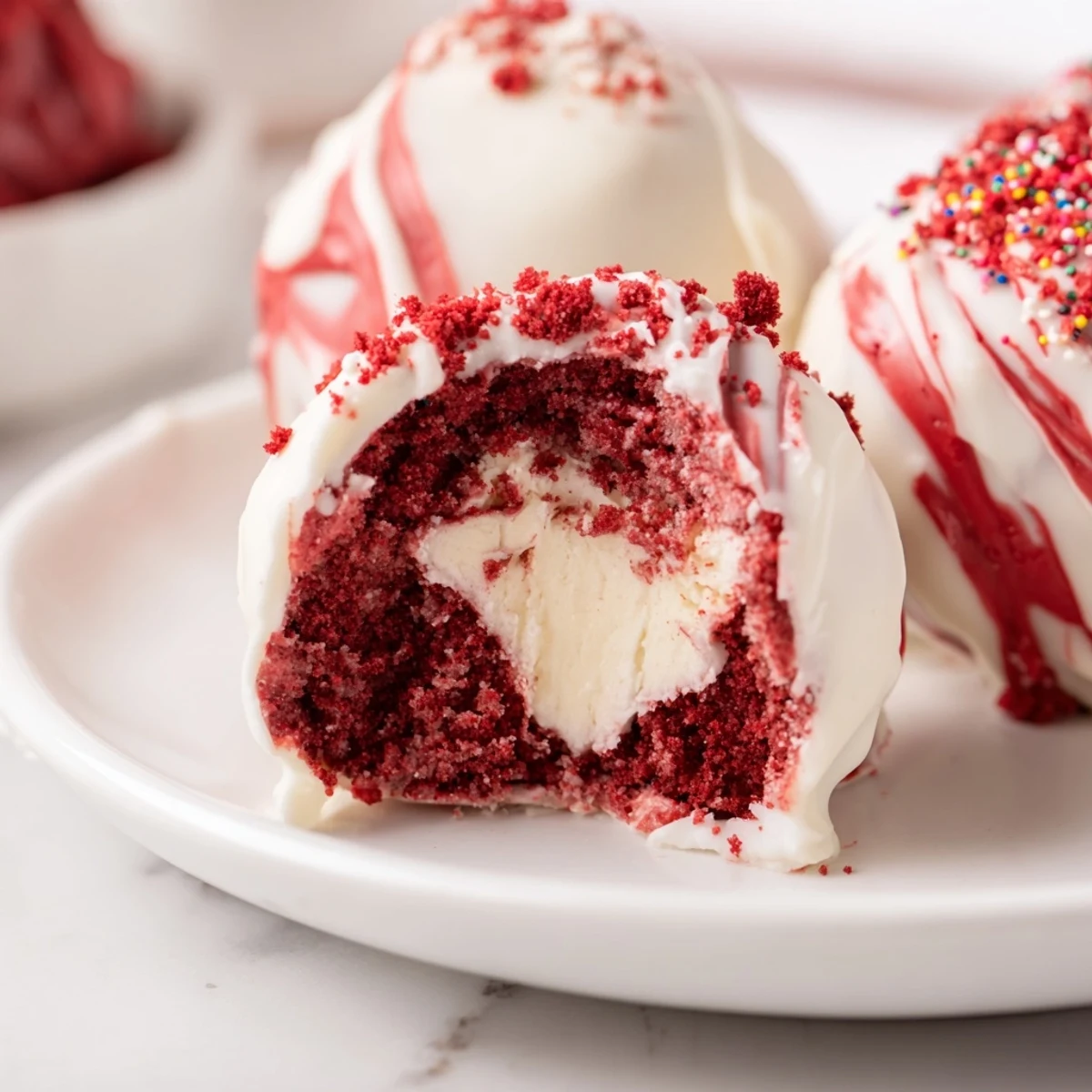 Close-up of Red Velvet Cheesecake Balls chilling on tray, rich velvety texture.