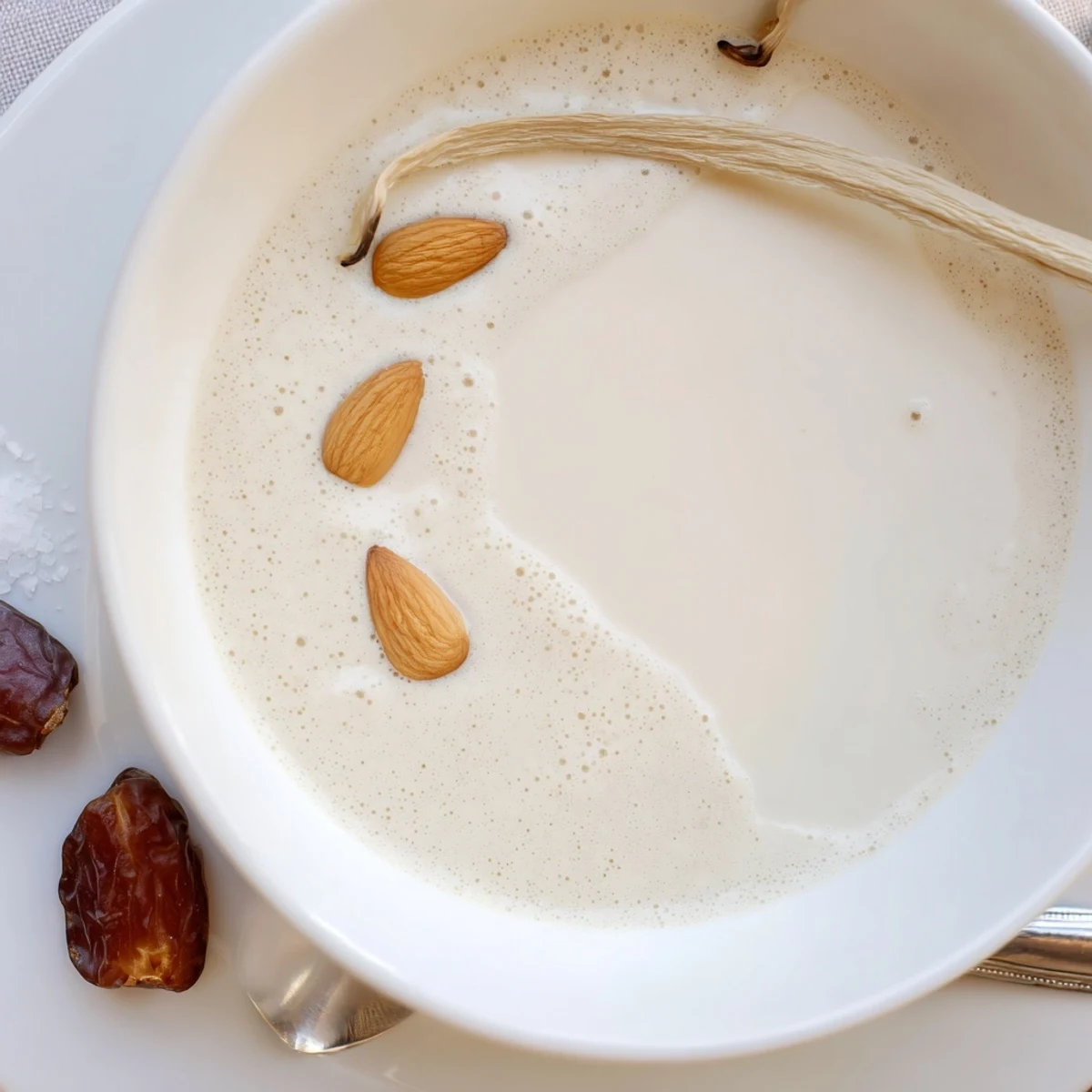 Glass bottle of chilled Almond milk with condensation, poured beside almonds.