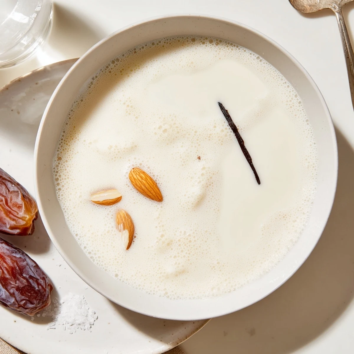 Straining freshly blended Almond milk through cheesecloth, pale ivory liquid collecting.