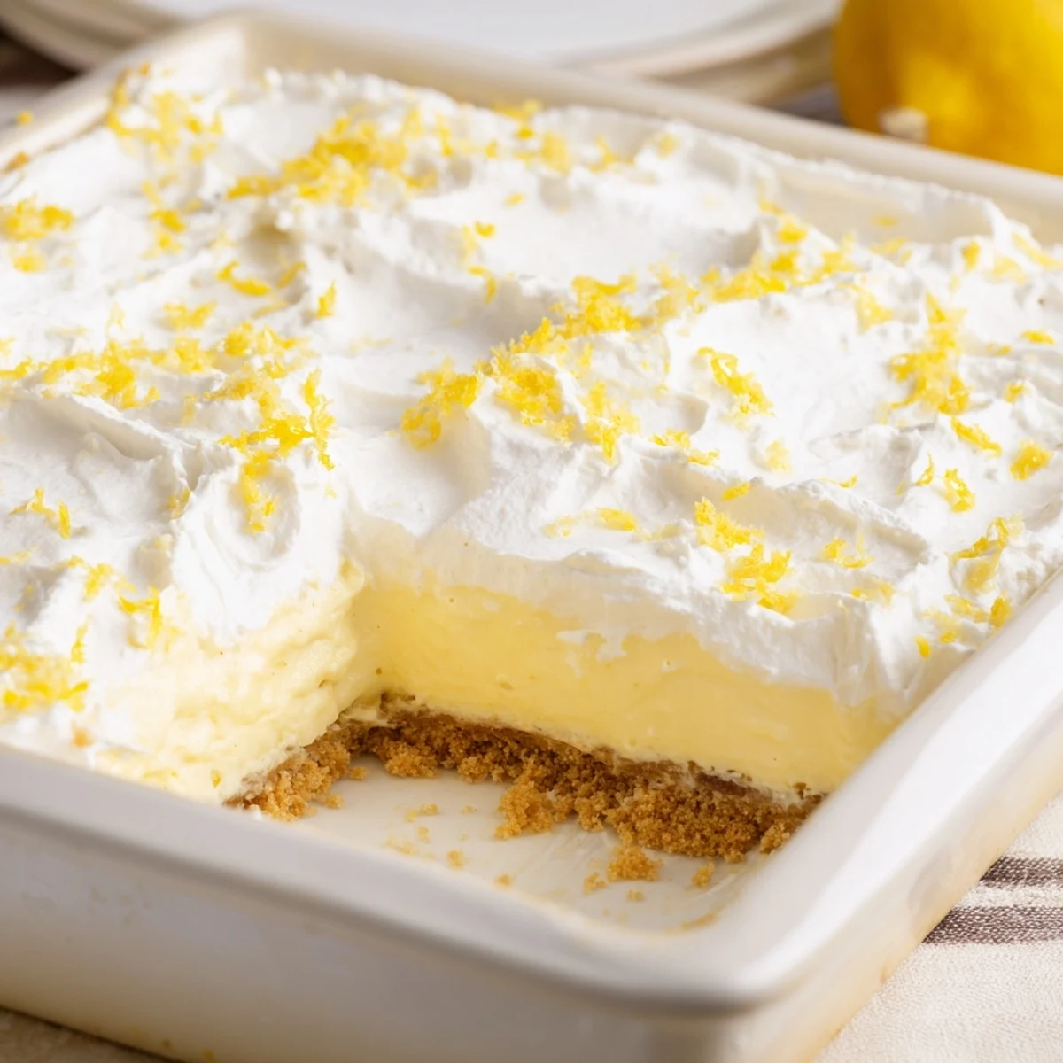Lemon Lush Cake with creamy lemon layer and fluffy whipped topping