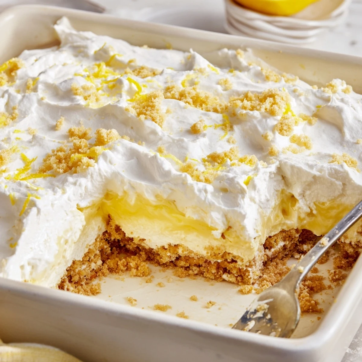 Chilled Lemon Lush Cake on a plate, crisp crust and zesty lemon