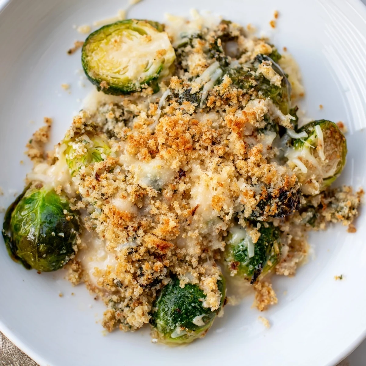 Creamy Parmesan Brussels Sprouts Casserole bubbling with golden breadcrumb crust, savory aroma.