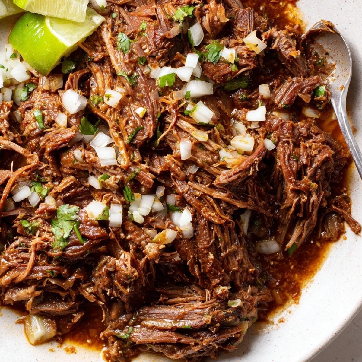 Smoky juices coat Slow Cooker Beef Barbacoa, shredded and taco-ready