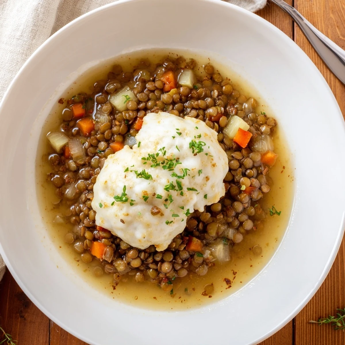 Lentils With Dumplings steaming in a bowl, fluffy pillows floating in broth.