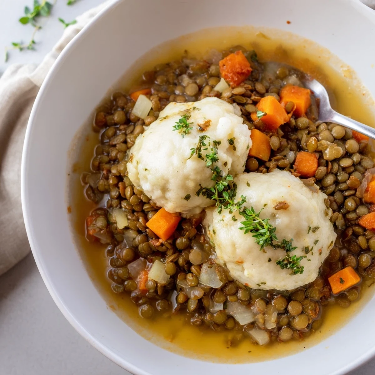 Hearty Lentils With Dumplings topped with parsley, spoon-ready, warm and comforting.