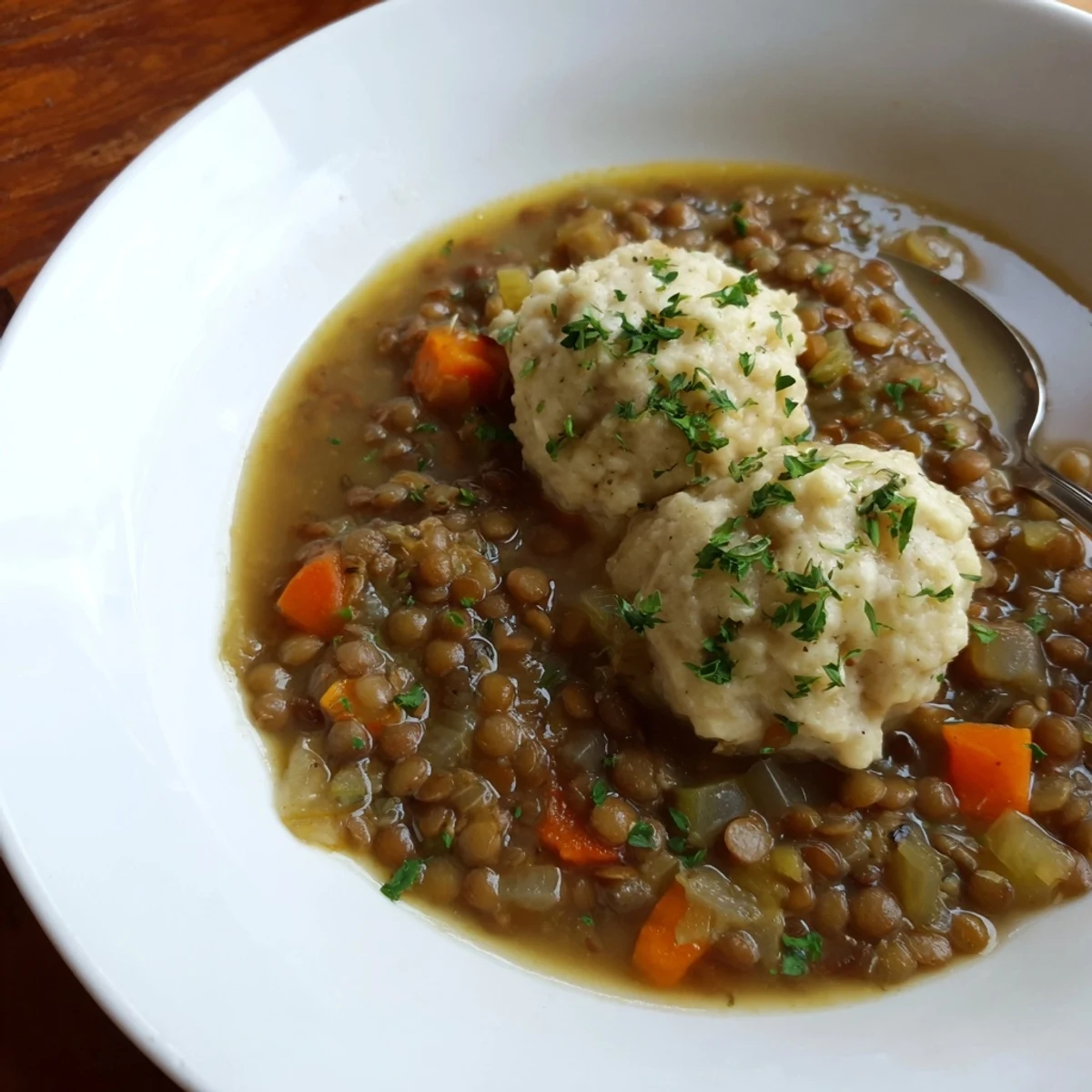 Rustic Lentils With Dumplings simmering on stove, aromatic thyme and smoked paprika.