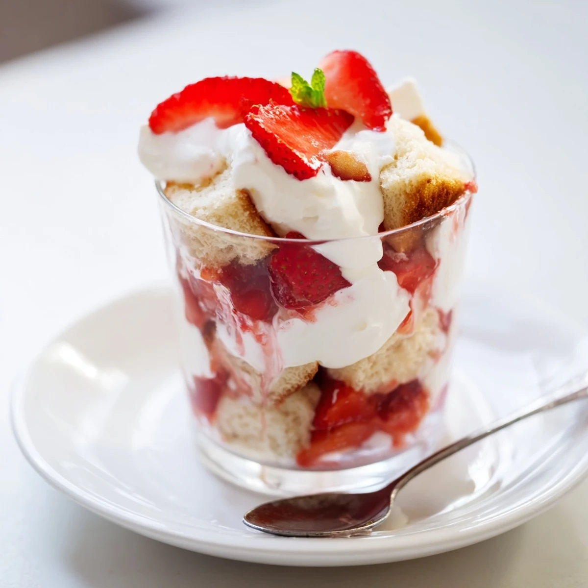 Strawberry Shortcake Trifles layered in clear glasses, juicy strawberries and pillowy cream