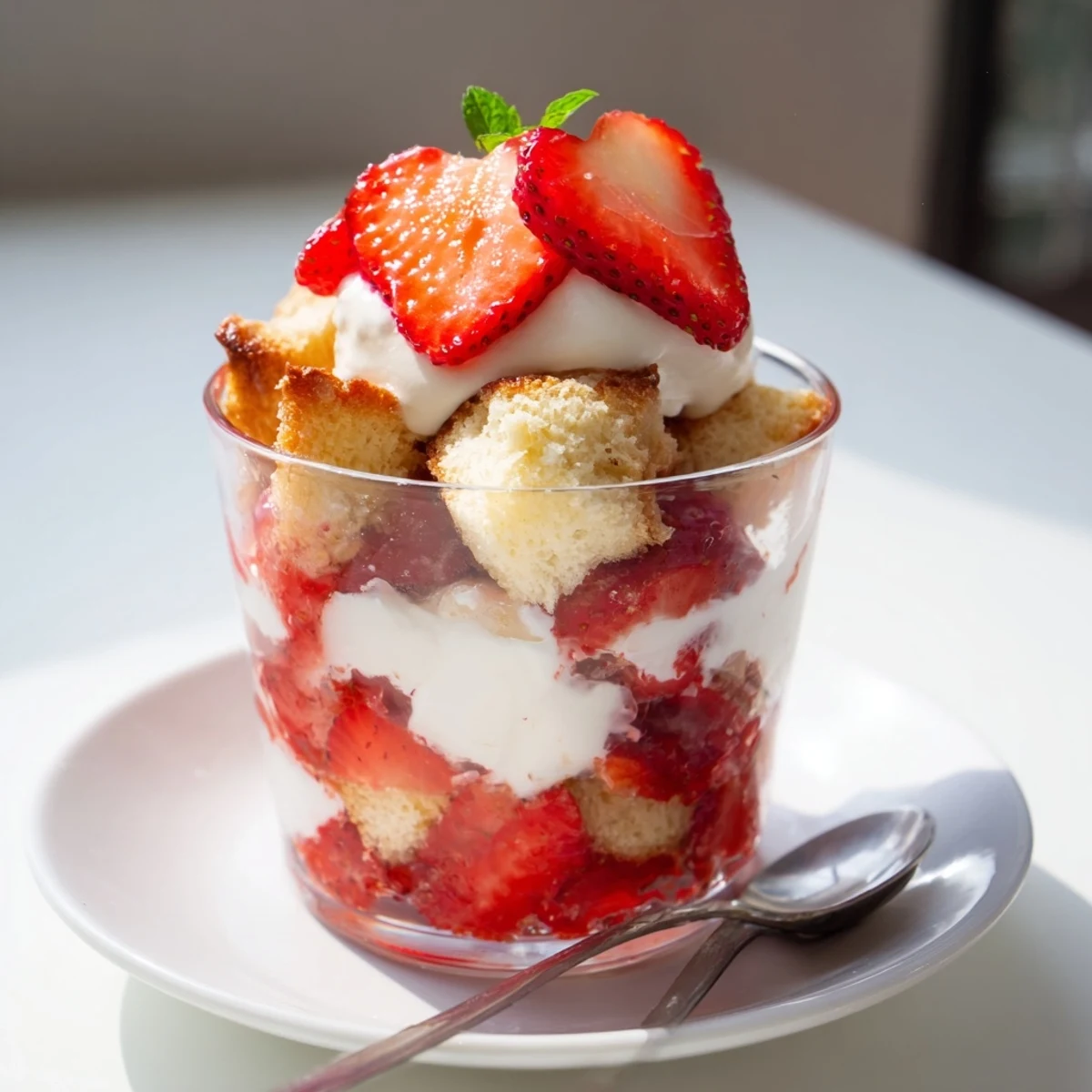 Individual Strawberry Shortcake Trifles with golden shortcake pieces and macerated berries