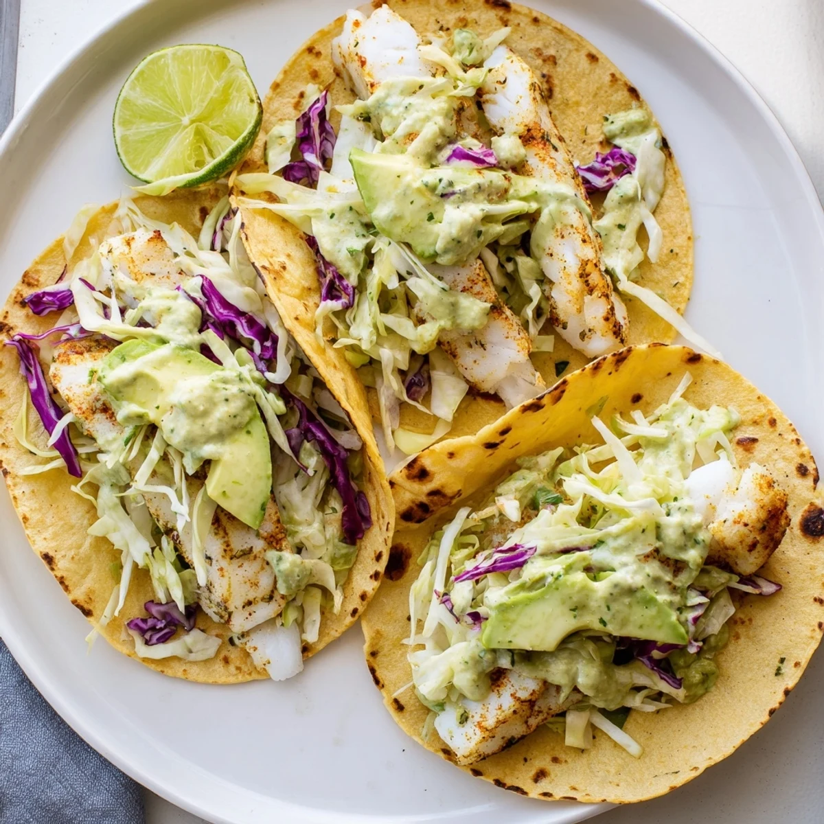 Baked Cod Fish Tacos with Creamy Cilantro Lime Sauce topped with crisp cabbage slaw.
