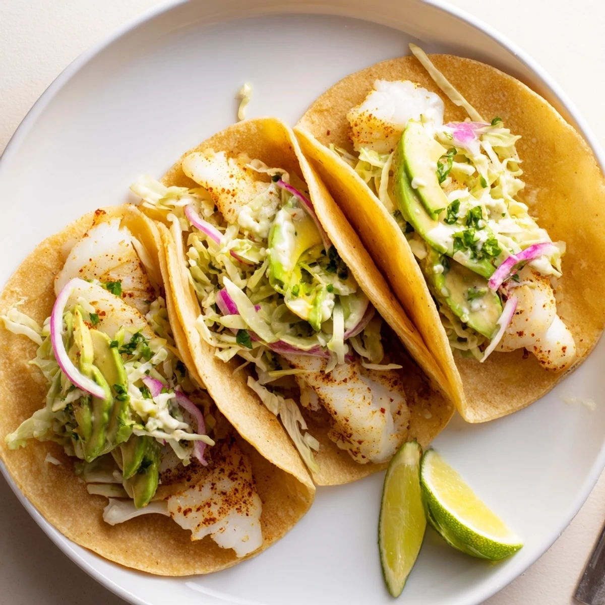 Baked Cod Fish Tacos with Creamy Cilantro Lime Sauce, flaky cod on warm tortillas.