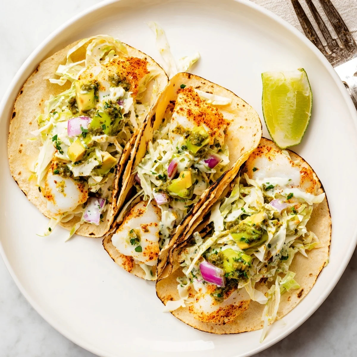 Baked Cod Fish Tacos with Creamy Cilantro Lime Sauce drizzled over avocado, lime wedge.