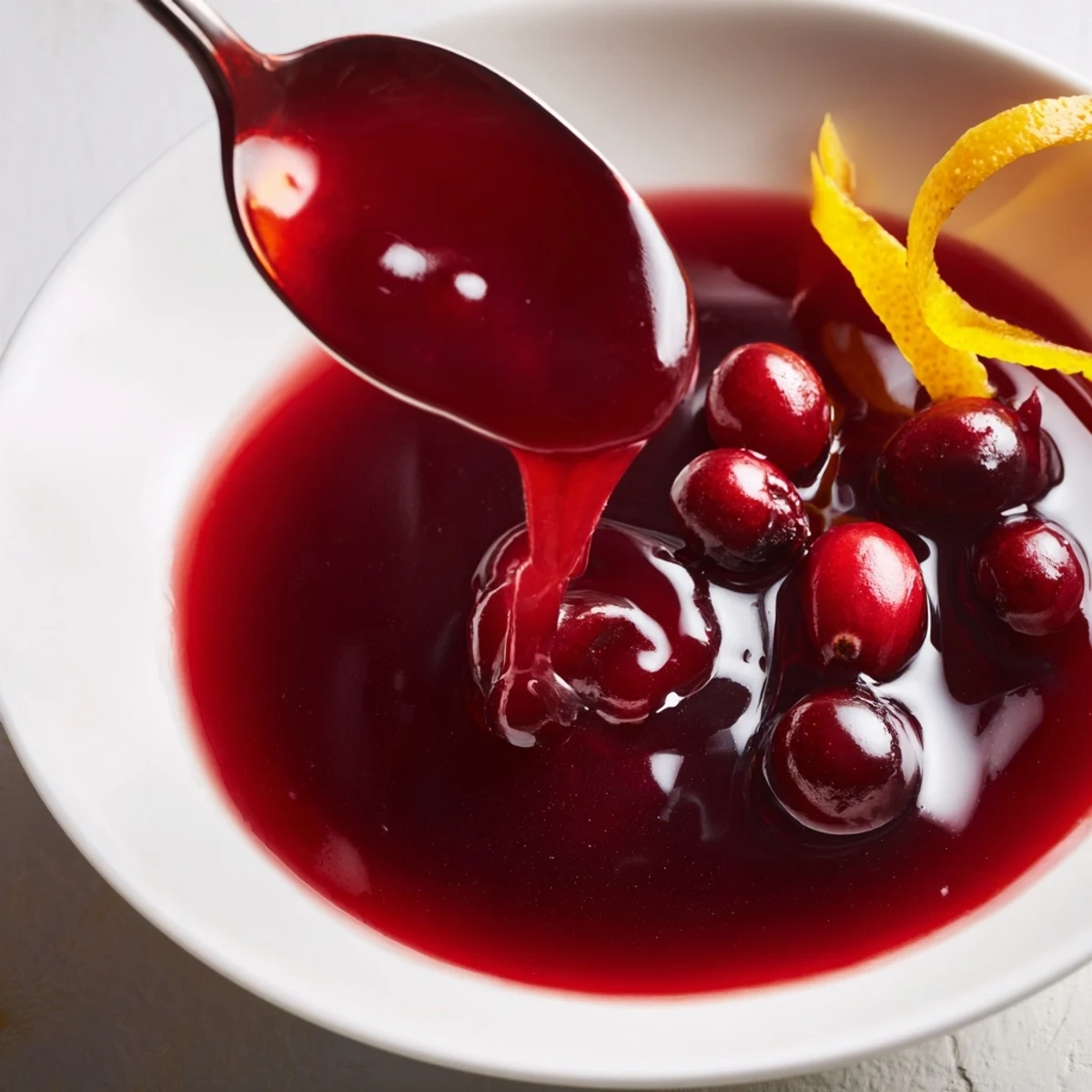 Cranberry Syrup glistening ruby red in jar, suggested for pancakes and cocktails