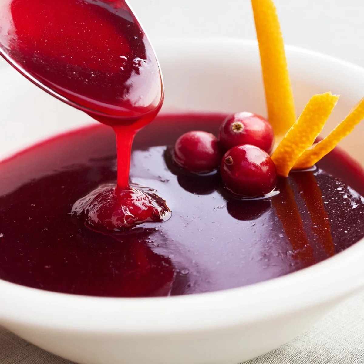 A spoon drizzling Cranberry Syrup over warm waffles, bright tart aroma