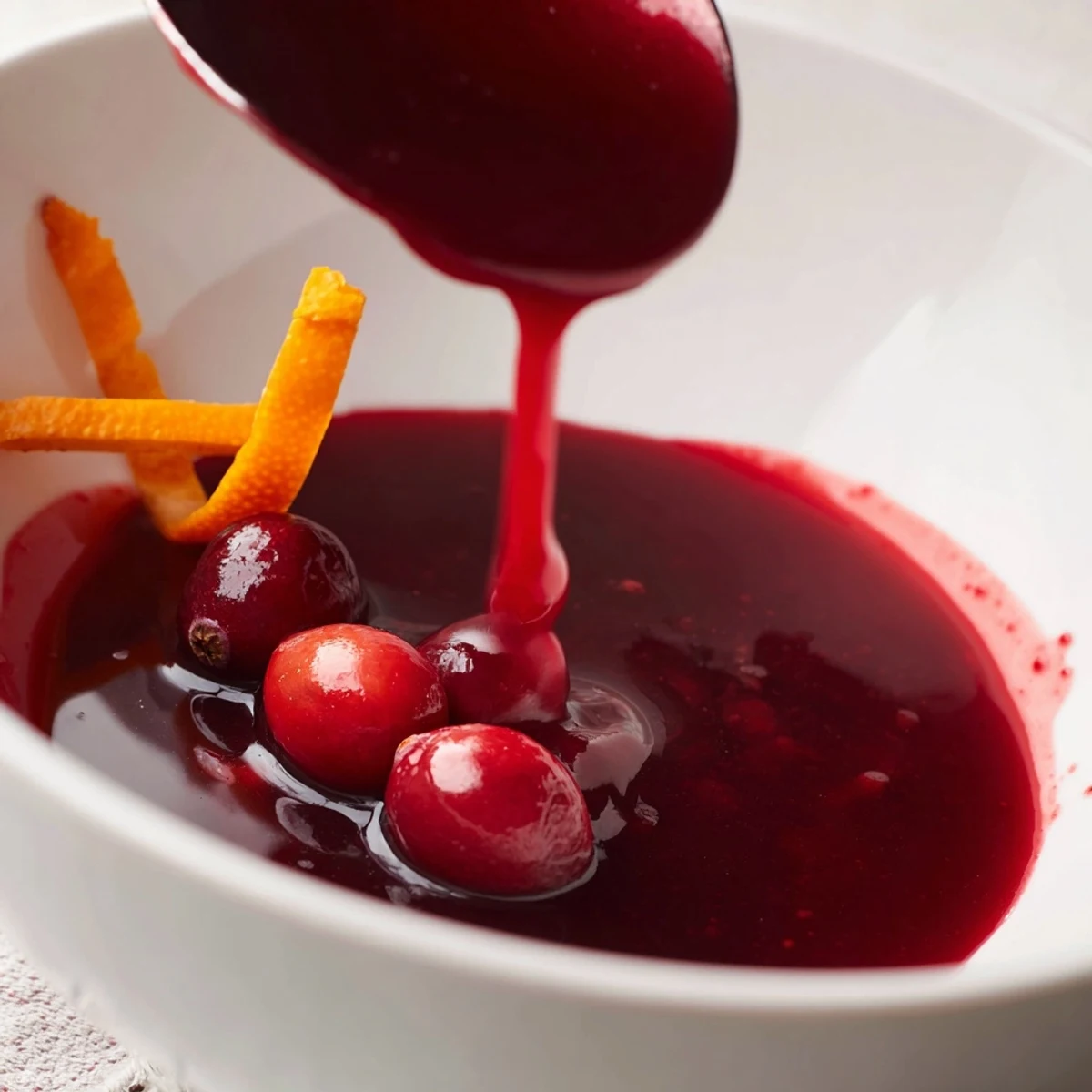 Bright tangy sweet Cranberry Syrup spooned over vanilla ice cream, inviting contrast