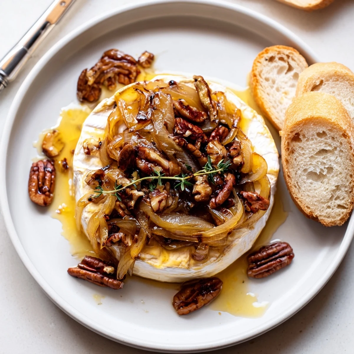 Baked Brie With Caramelized Onions And Pecans, melty wheel topped with golden onions  