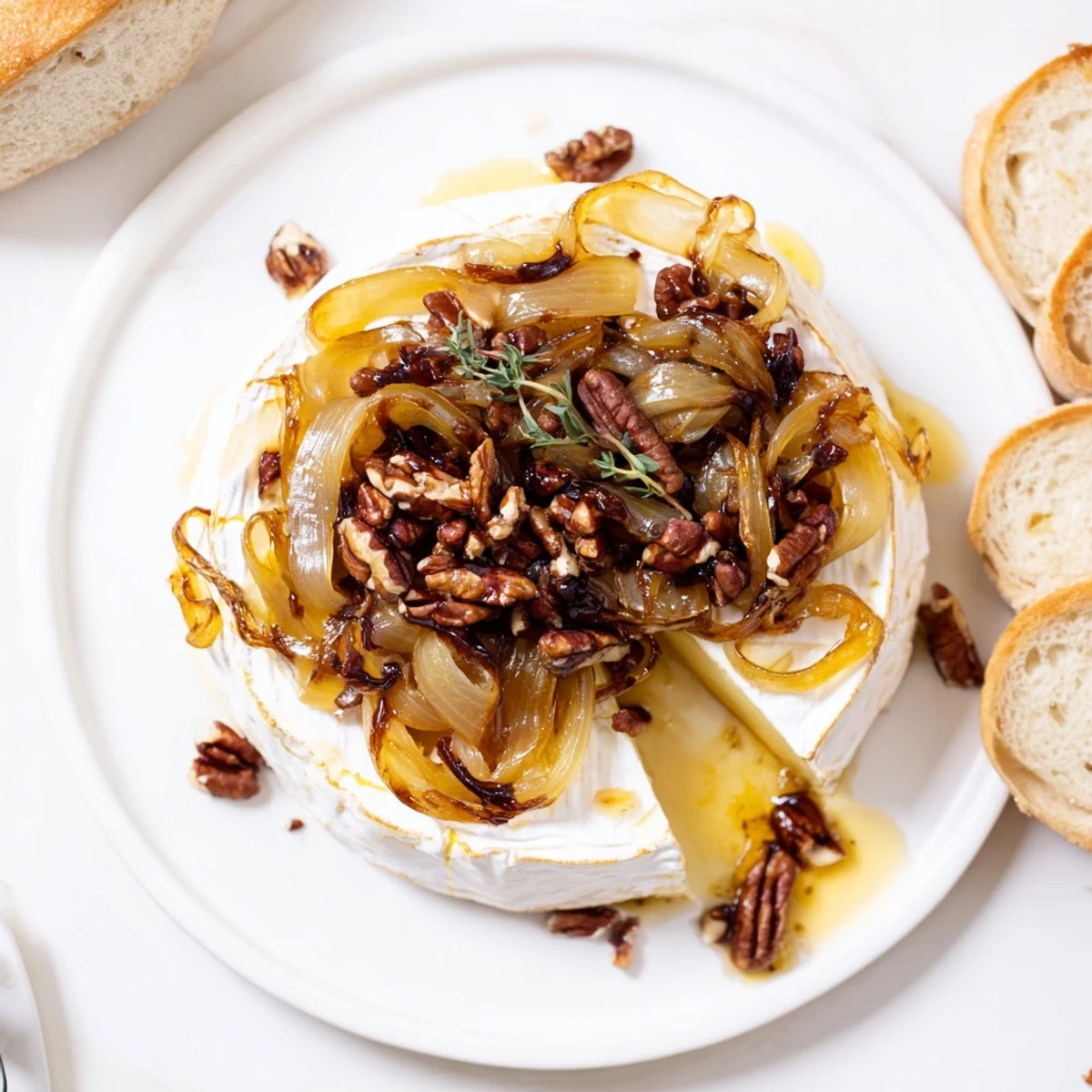 Baked Brie With Caramelized Onions And Pecans, gooey interior, toasted pecans and thyme