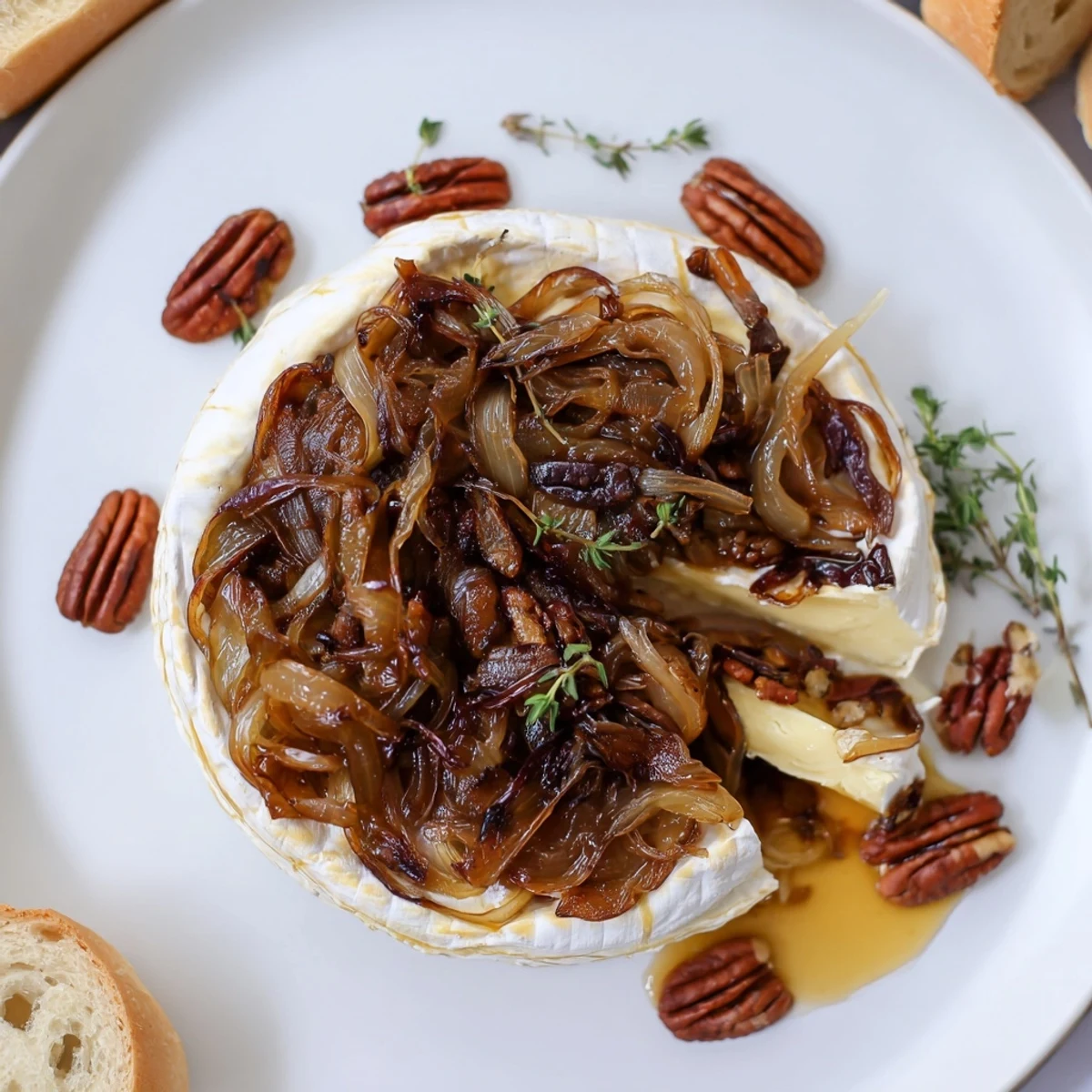 Warm Baked Brie With Caramelized Onions And Pecans, ready for crusty baguette slices  