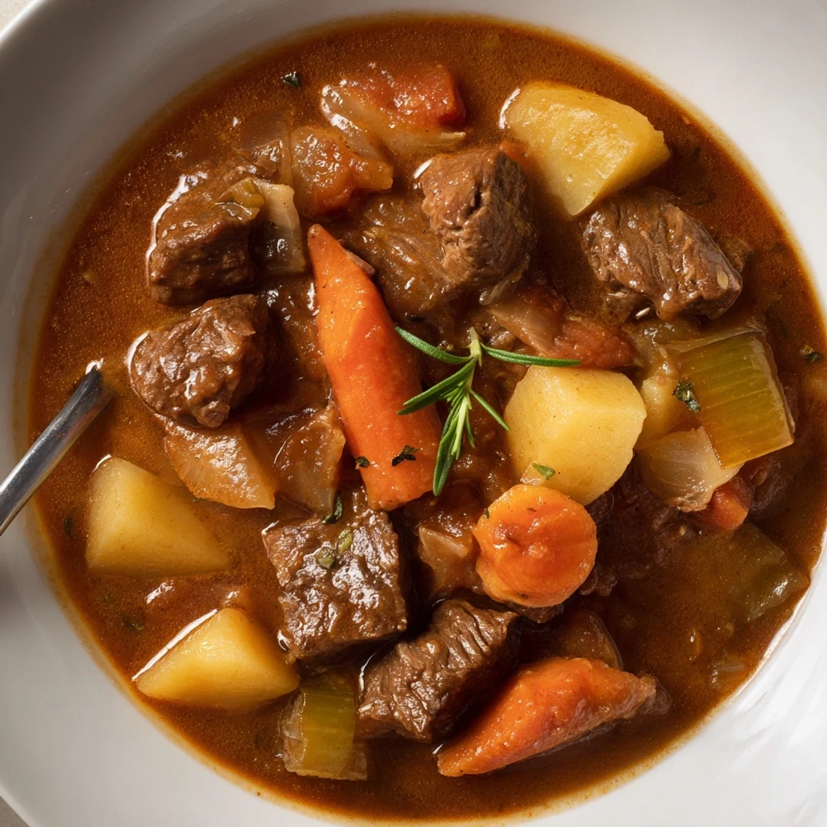 Spezzatino Di Manzo Italian Beef Stew simmering with fragrant herbs, tender beef.