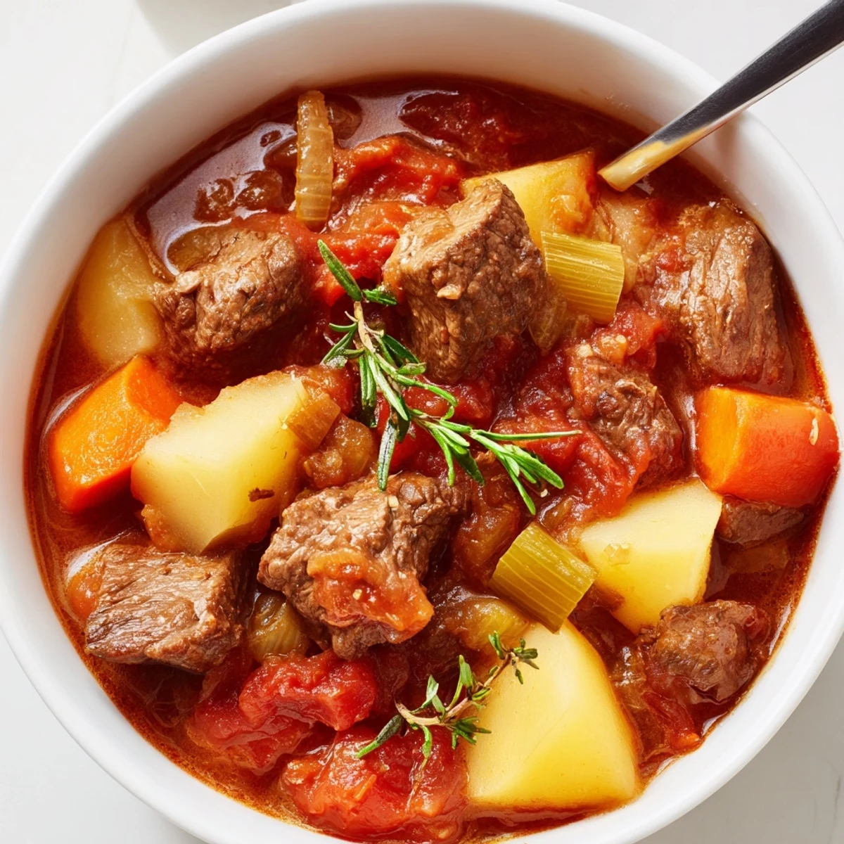 Rustic Spezzatino Di Manzo Italian Beef Stew served with crusty bread, steaming.