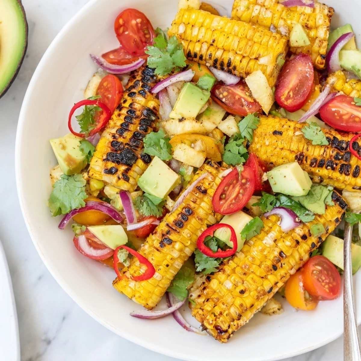 Tropical Charred Corn And Avocado Salad piled with smoky kernels, juicy pineapple, lime