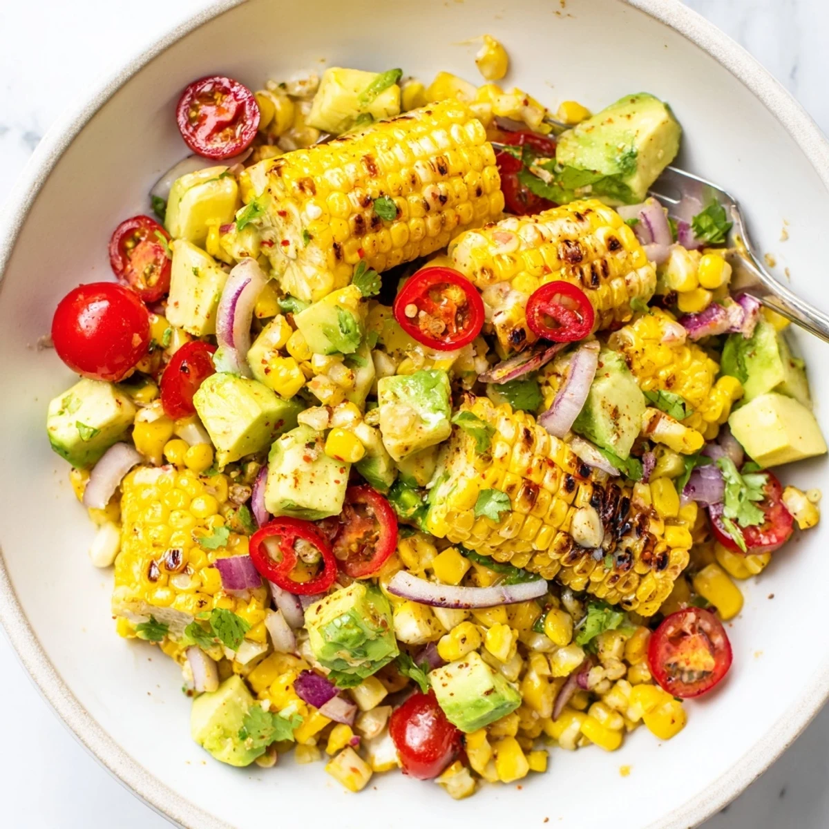 Grilled and bright Tropical Charred Corn And Avocado Salad served with tortilla chips